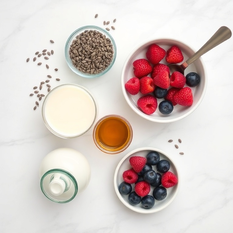 All raw ingredients for easy berry chia pudding cups arranged in an overhead flat lay. Chia seeds, almond milk, fresh berries, honey, and a bowl with a spoon. White marble surface. Bright even light. Photorealistic overhead food photography. No text. No watermark.