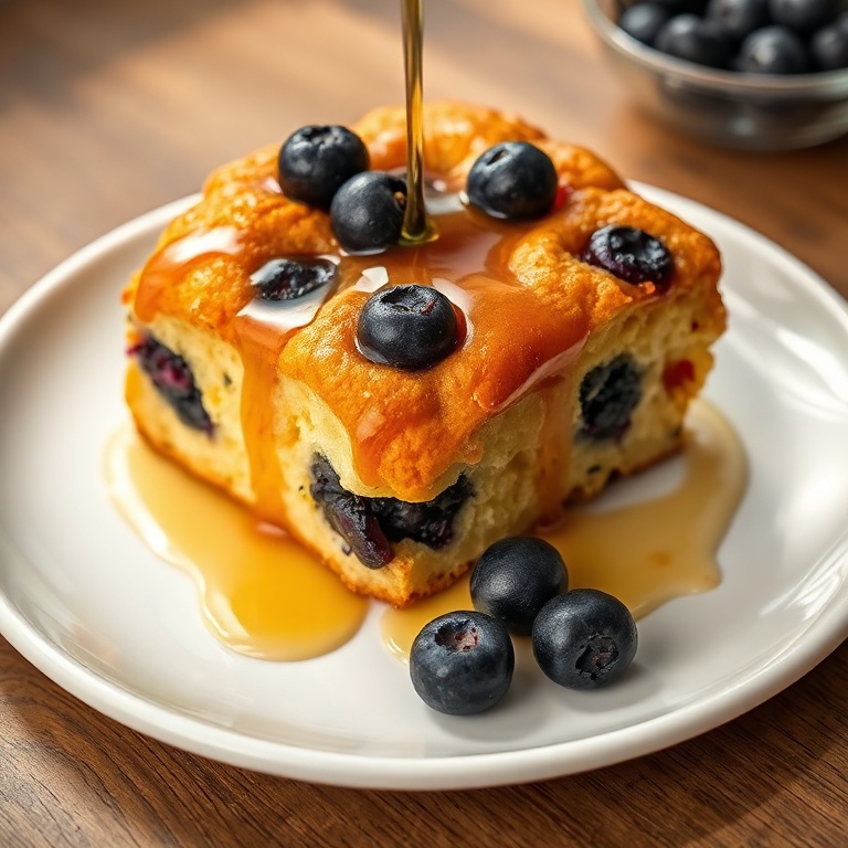 Golden blueberry monkey bread with a drizzle of honey on a white plate