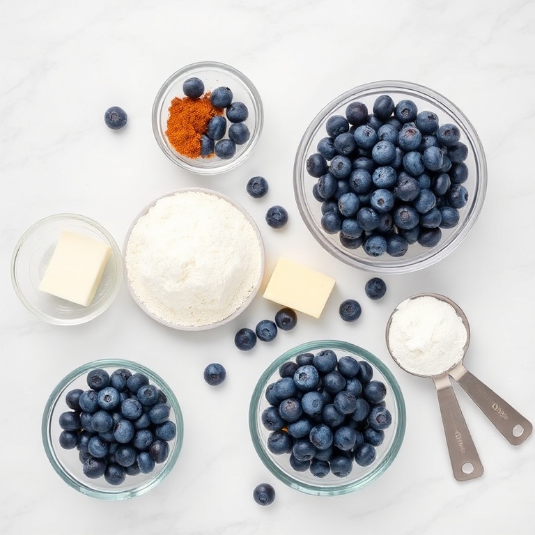 Blueberries, flour, sugar, butter, and cinnamon arranged in a flat lay