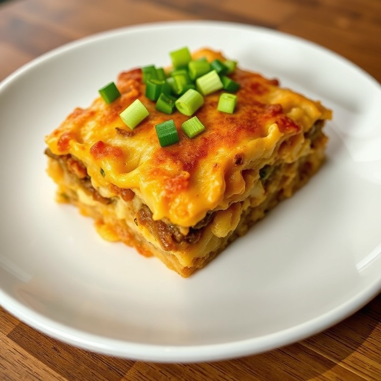 Perfect plated serving of Sausage and Hashbrown Casserole. Topped with green onions. Served on a white ceramic plate. Close crop. Warm side lighting showing texture. Photorealistic food photography. No text. No watermark.