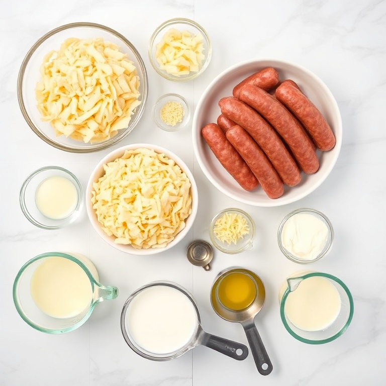 Overhead flat lay of raw ingredients for Sausage and Hashbrown Casserole. Sausage links, shredded hashbrowns, eggs, cheese, and milk. Prep bowls, measuring spoons, and cups visible. White marble surface. Bright even light. Photorealistic overhead food photography. No text. No watermark.
