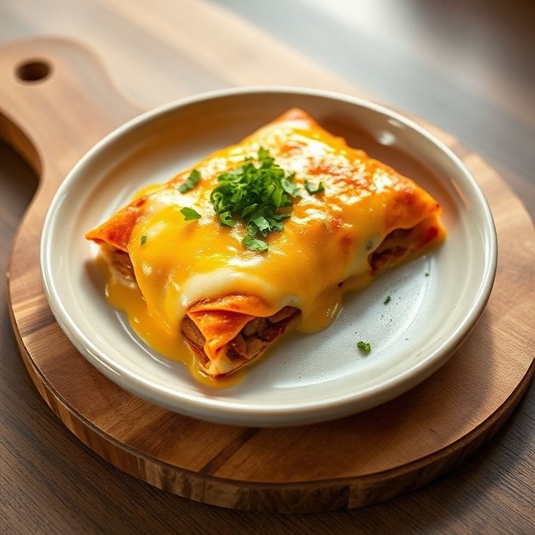 Plated breakfast enchiladas with chopped scallions on top