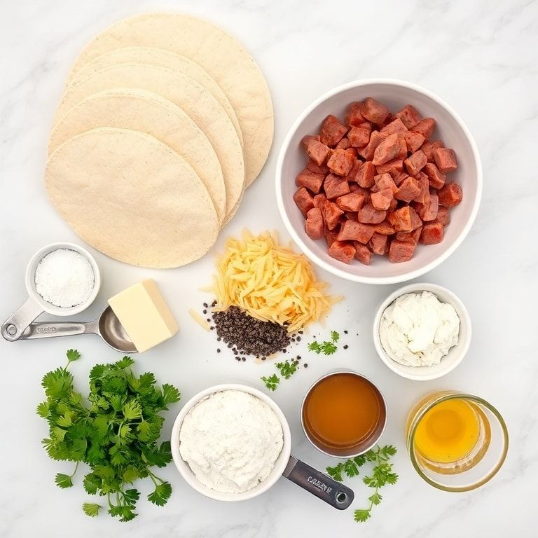 Raw ingredients for Easy Breakfast Enchiladas laid flat: tortillas, sausage, flour, milk, butter, cheddar, pepper, salt, onion, garlic