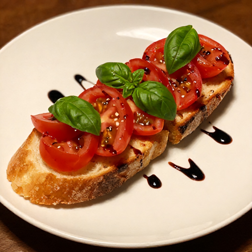 Plated easy bruschetta with heirloom tomatoes and fresh basil