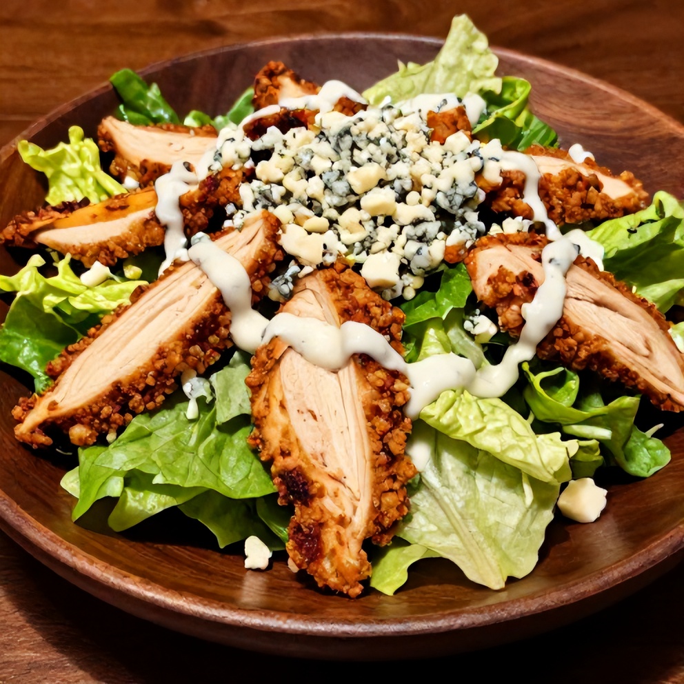 Plated buffalo chicken salad with crispy chicken, lettuce, and blue cheese dressing