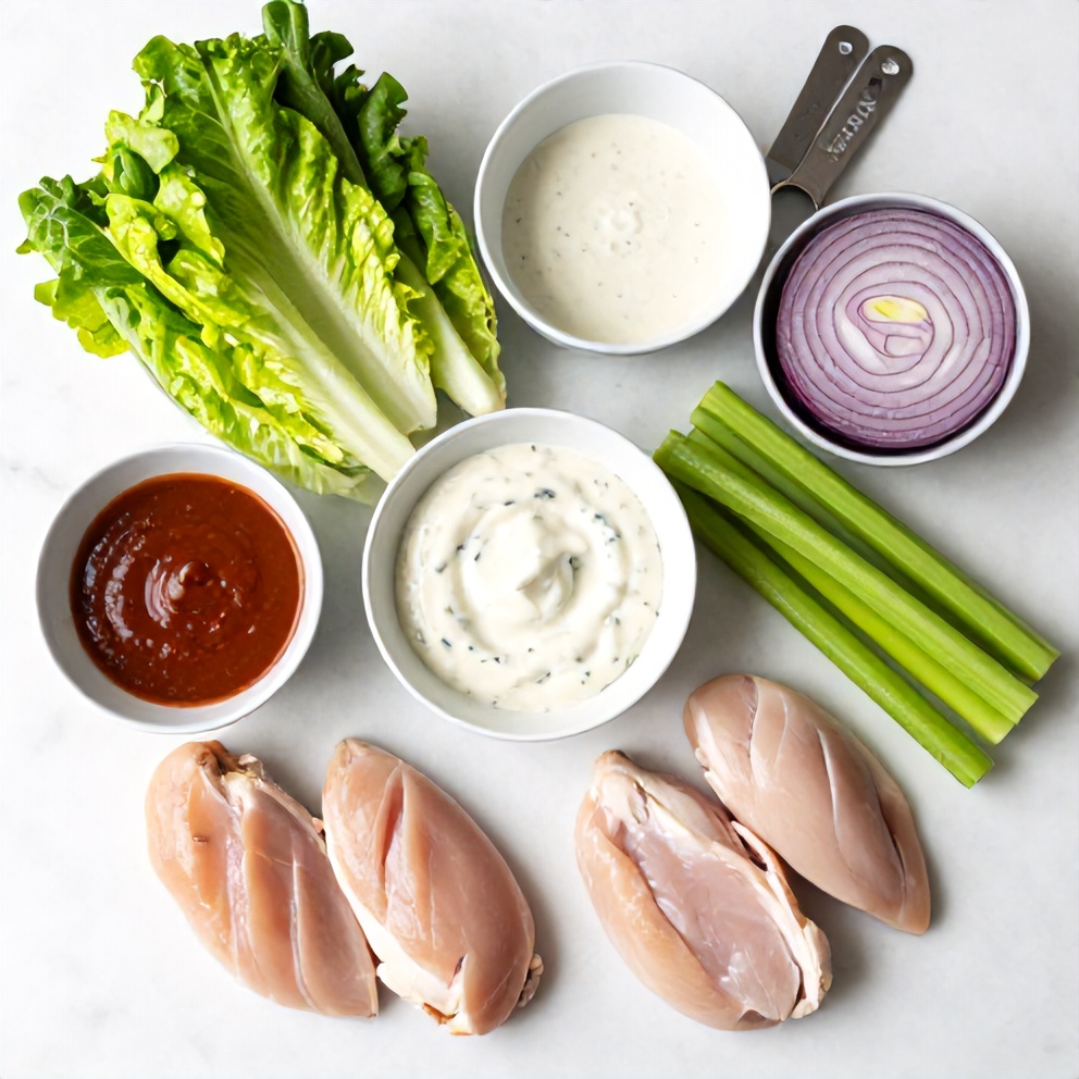 Raw ingredients for buffalo chicken salad: chicken breasts, lettuce, buffalo sauce, blue cheese dressing