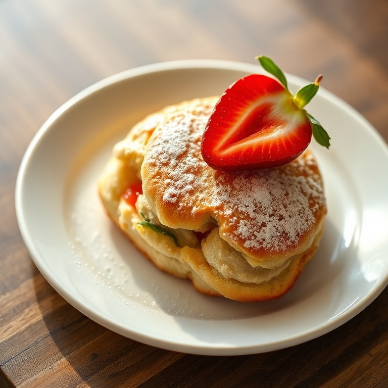 A single scone plated on a white ceramic plate. Dusted with sugar and topped with a fresh strawberry slice.