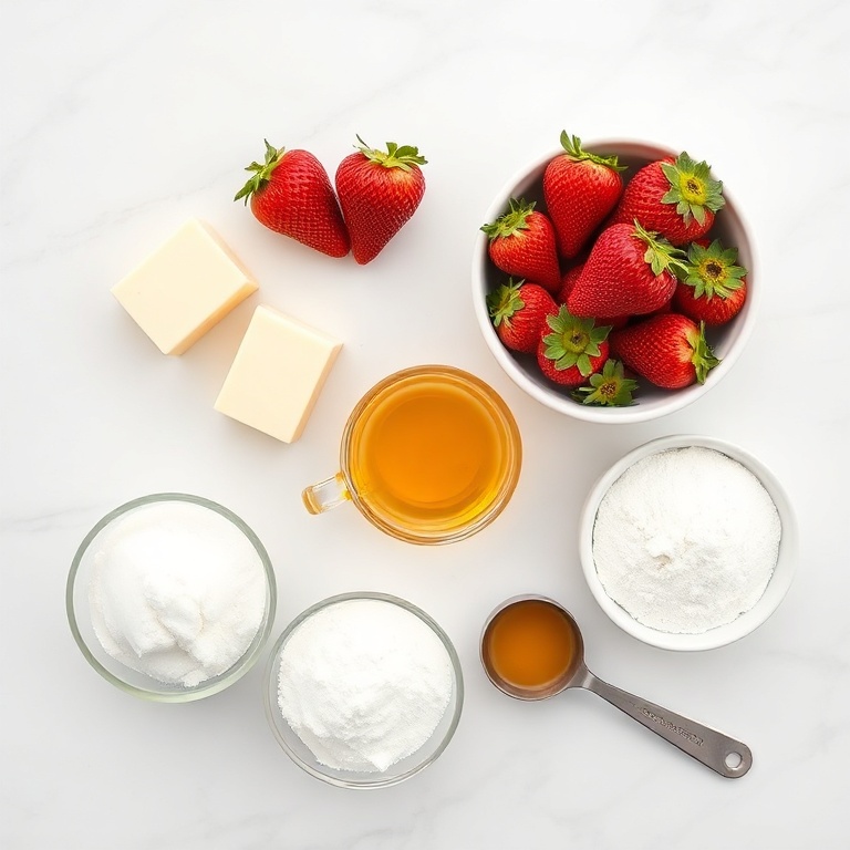Fresh strawberries, butter, honey, flour, and sugar arranged in a clean flat lay. Measuring spoons and bowls nearby.