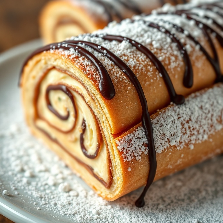 Perfectly sliced cannoli napoleon with chocolate drizzle and powdered sugar