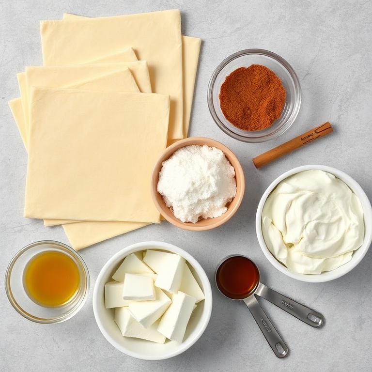 Puff pastry sheets, ricotta cheese, sugar, cinnamon, chocolate shavings, and vanilla extract