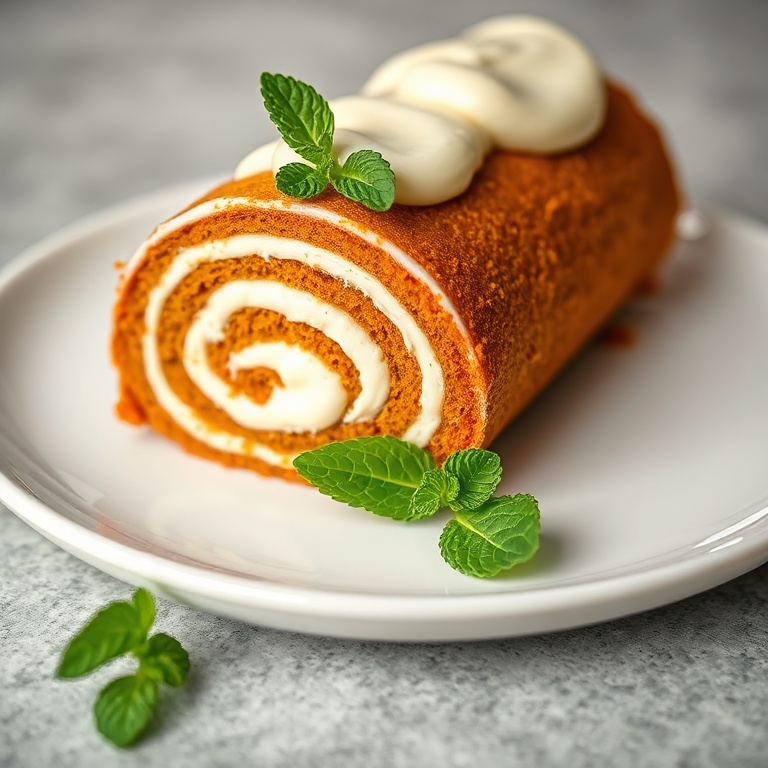 Carrot cake roll sliced and placed on a white plate with cream cheese frosting. Fresh mint garnish visible, warm side lighting highlighting texture