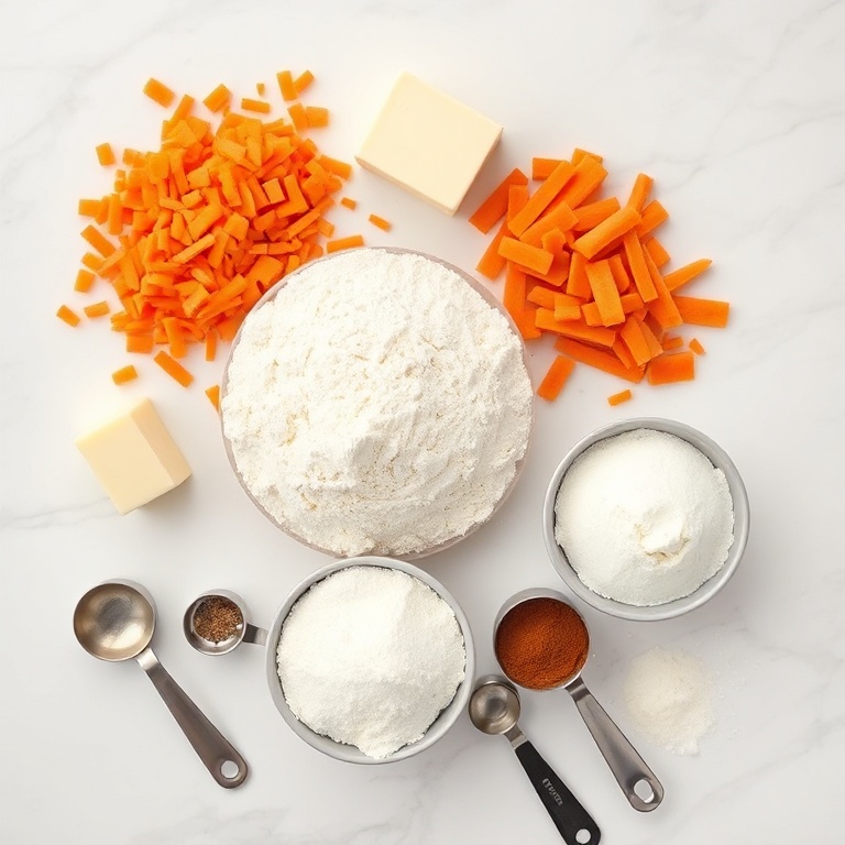 Grated carrots, flour, butter, cinnamon, and sugar arranged as an overhead flat lay. Measuring spoons and cups visible on white marble surface