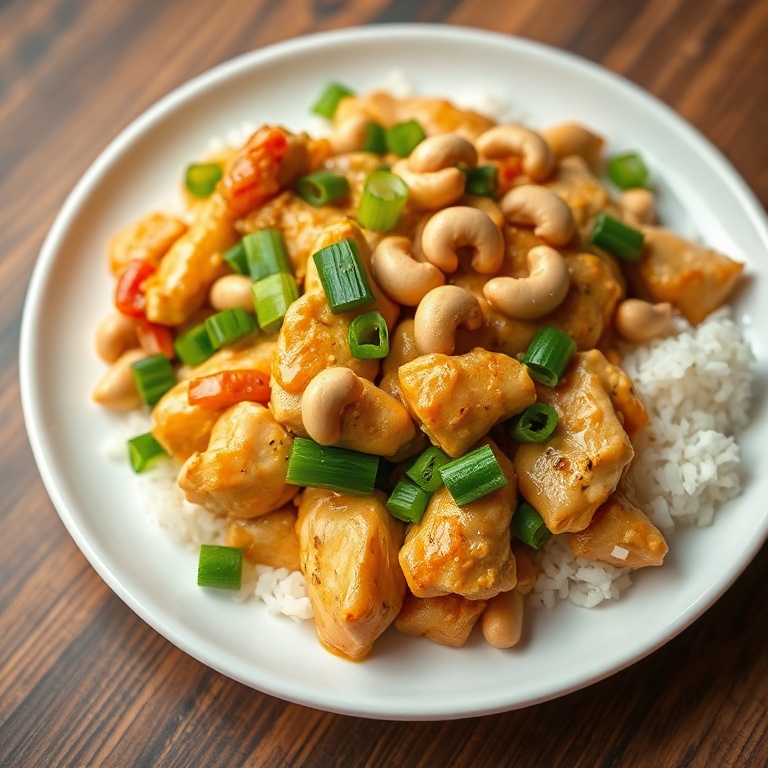 Cashew chicken stir fry on a white plate with green onions and cashews on top