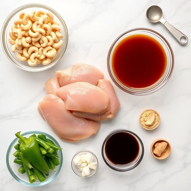 Raw chicken, cashews, bell peppers, soy sauce, garlic, and ginger in a flat lay