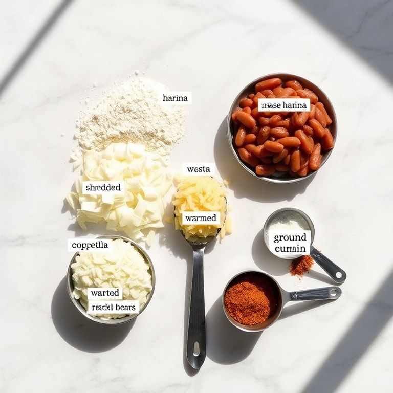 Raw flour, cheese, beans, onion, spices on marble