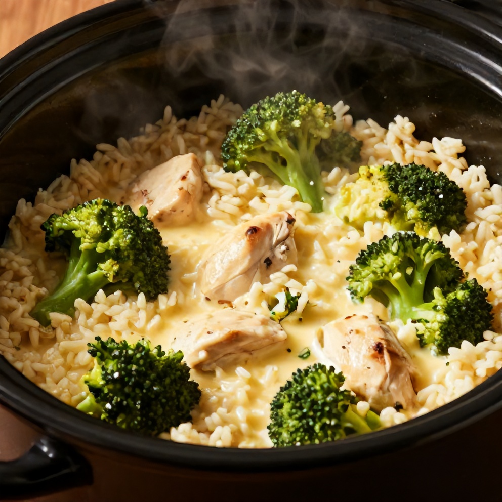 easy cheesy broccoli chicken and rice crockpot