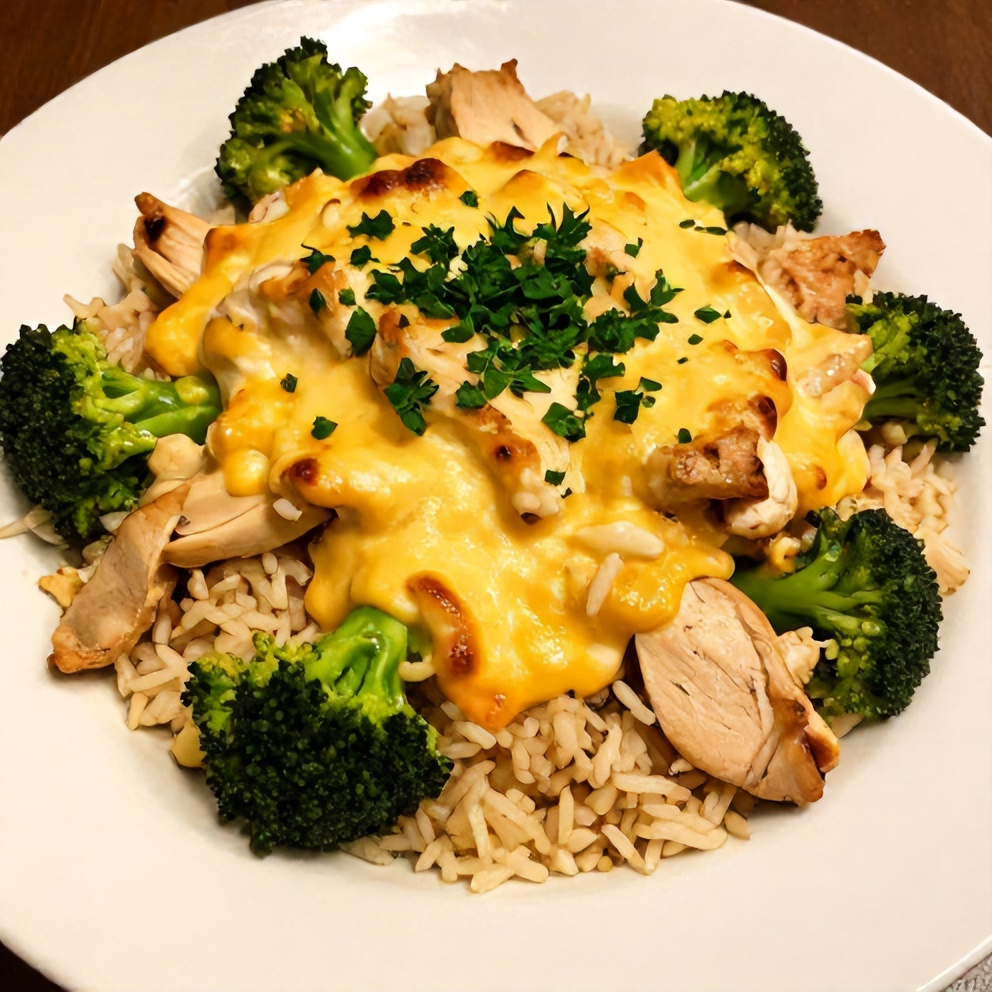 Plated cheesy broccoli chicken and rice