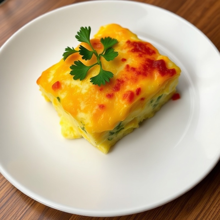Perfectly plated cheesy egg bake with fresh parsley garnish. Creamy texture and golden edges. White ceramic plate with warm side lighting
