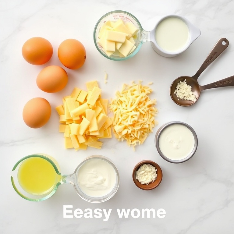 Raw ingredients for cheesy egg bake arranged in an overhead flat lay. Eggs, cheese, milk, butter, and flour visible. Measuring cups and spoons nearby. Bright natural light, white marble surface