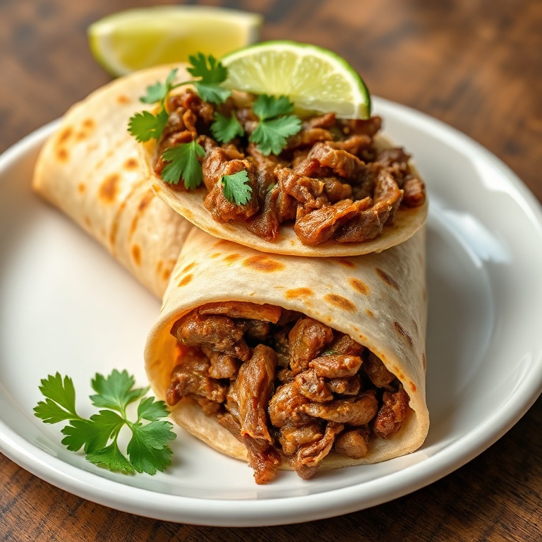 A perfectly plated beef burrito with fresh cilantro and lime on a white plate.
