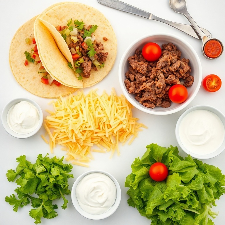Beef, tortillas, cheese, lettuce, tomatoes, and sour cream arranged on a white surface with measuring tools.