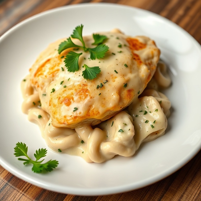 Perfectly plated chicken alfredo bake with fresh parsley on a white ceramic plate