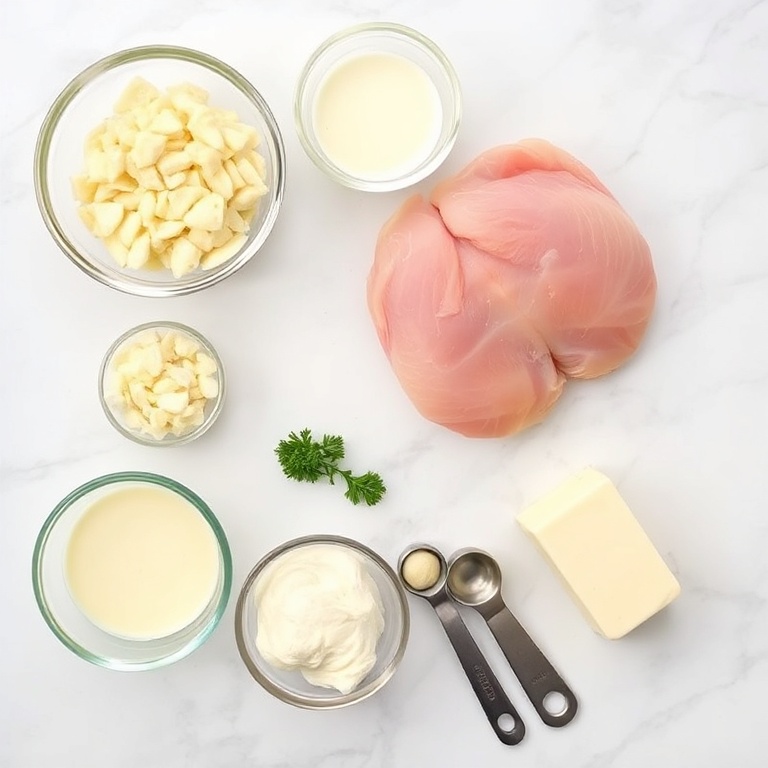 Raw chicken, heavy cream, Parmesan, garlic, and butter arranged in a flat lay
