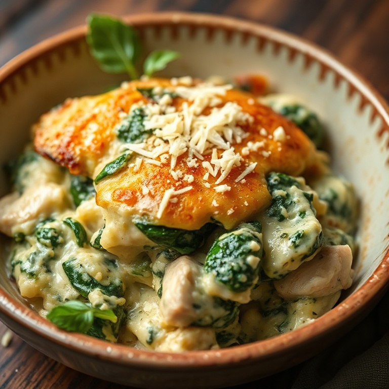 Perfectly plated chicken and spinach casserole. Topped with a sprinkle of Parmesan. Served in a rustic ceramic bowl.