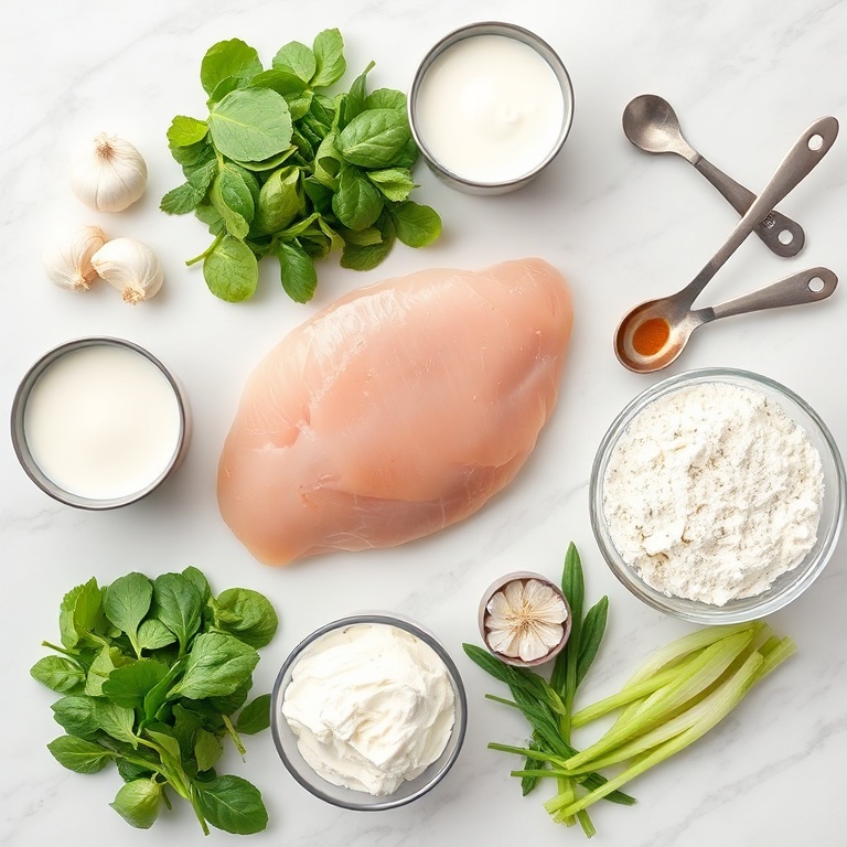 Fresh chicken breast, fresh spinach, cream cheese, milk, flour, garlic, and onions arranged in a flat lay. Measuring cups and spoons nearby.