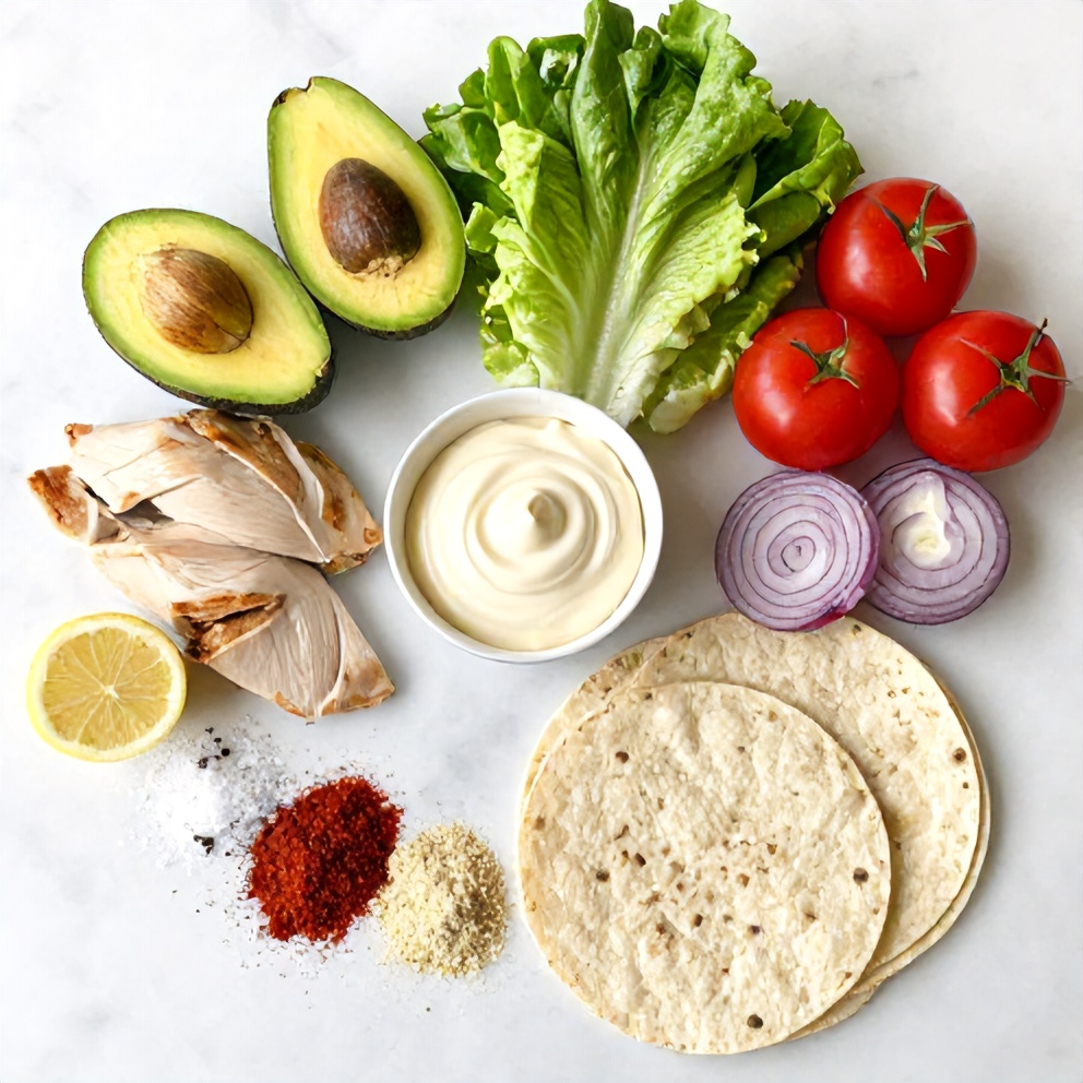 Raw ingredients for chicken avocado wrap