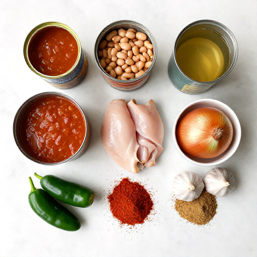 Raw ingredients for Chicken Enchilada Soup including chicken, enchilada sauce, and beans