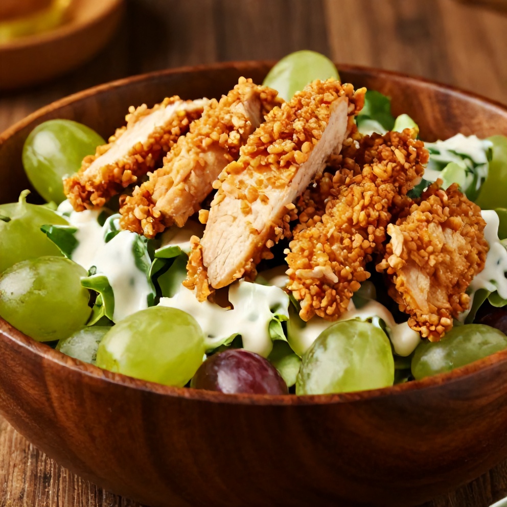 Chicken grape salad served in a bowl with crispy chicken on top