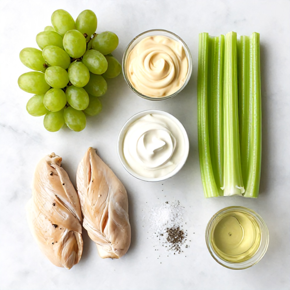 Chicken grape salad ingredients: chicken breasts, grapes, celery, mayonnaise, sour cream, and seasonings