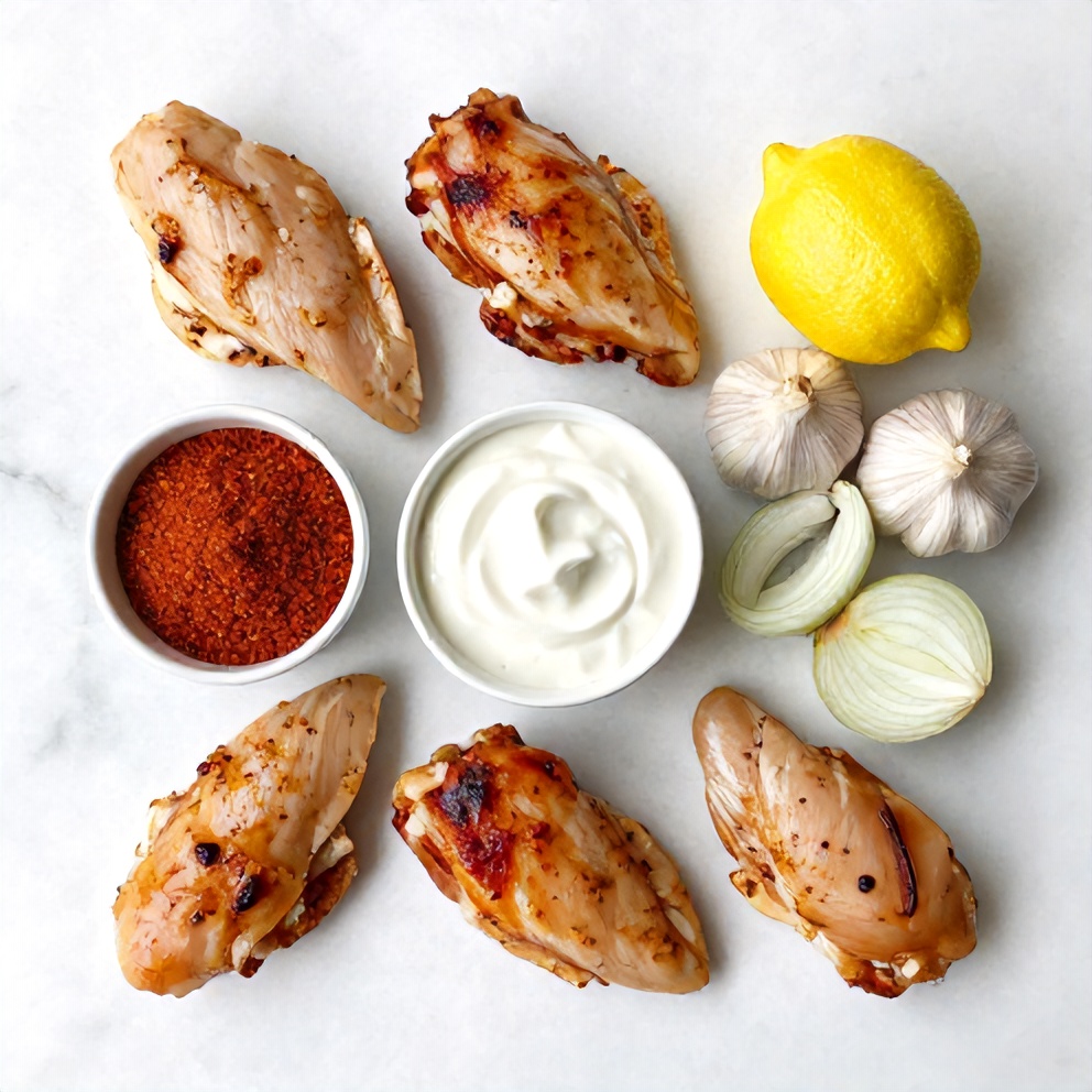 Chicken Shawarma ingredients on a marble surface