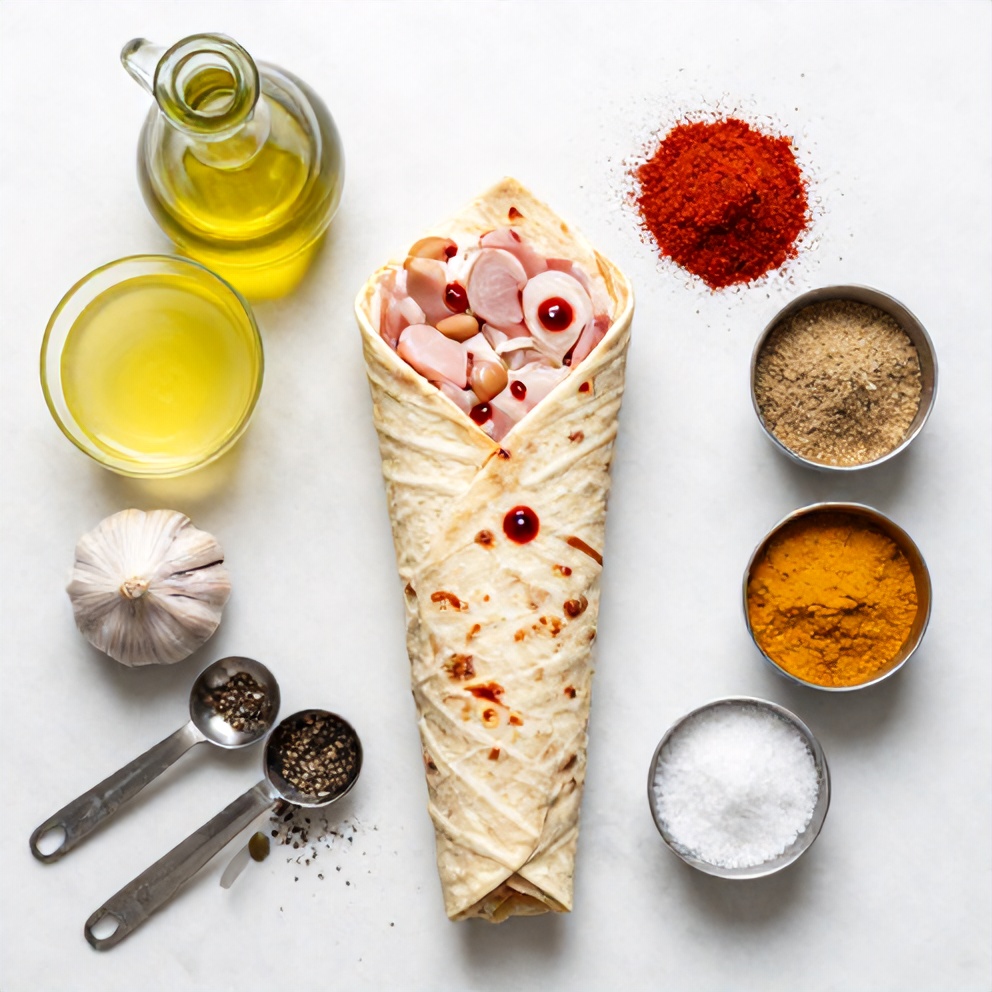 Raw ingredients for Chicken Shawarma on a marble surface