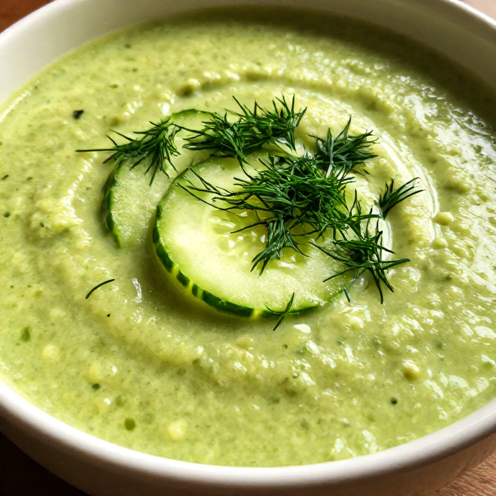 Chilled Cucumber Avocado Soup with Dill Garnish