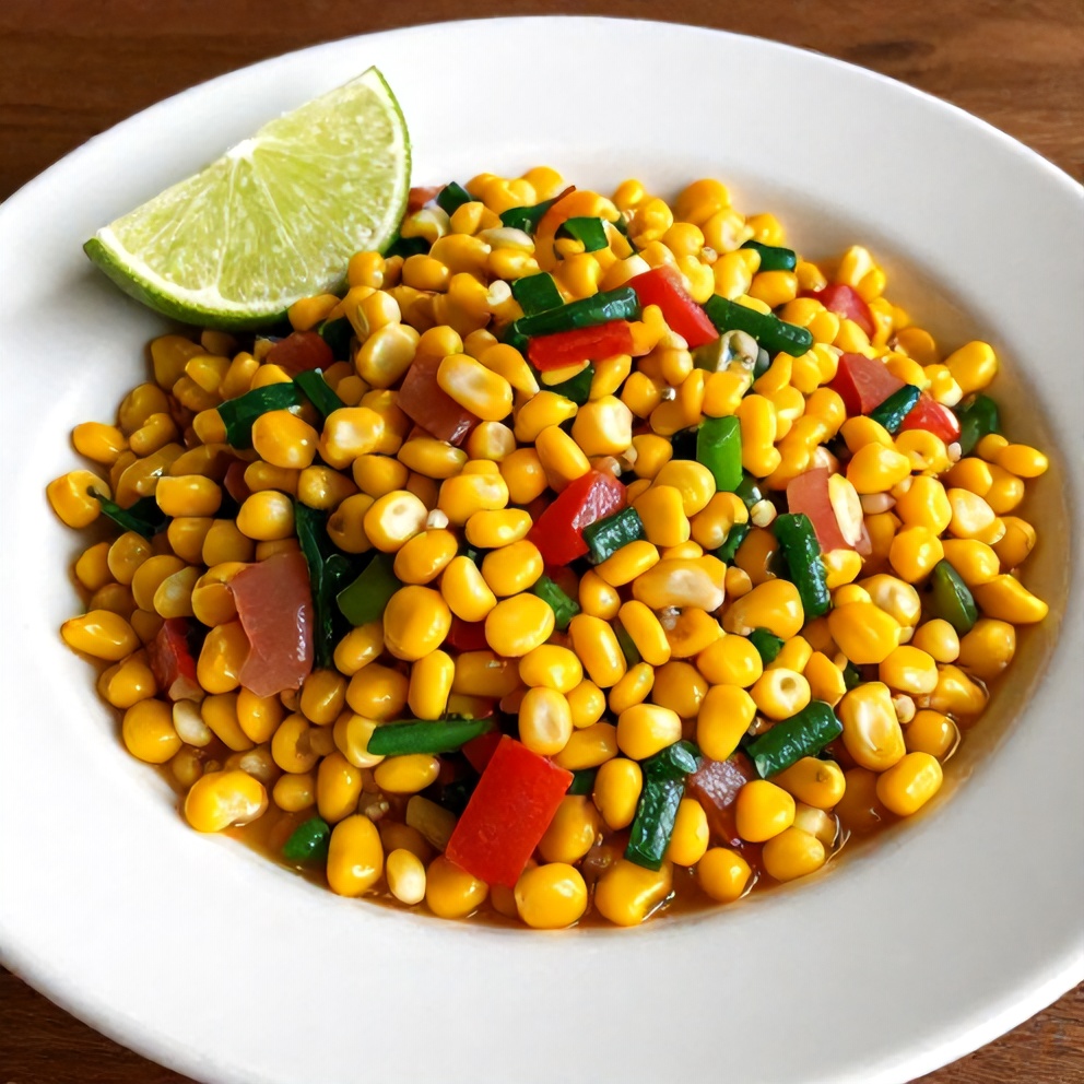 One perfect plated serving of Easy Chipotle Corn Salsa on a white plate, garnished with a lime wedge, with warm side lighting showing the vibrant colors and textures.