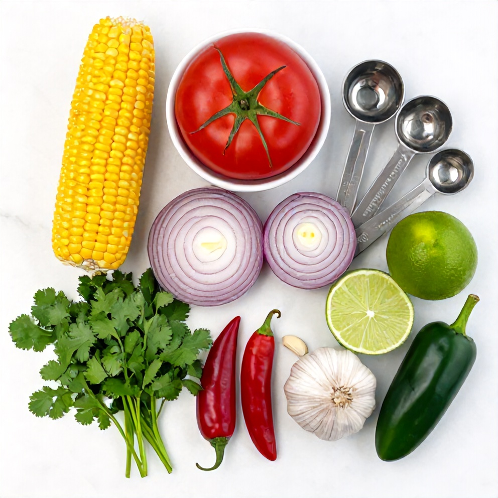 Overhead flat lay of raw ingredients for Easy Chipotle Corn Salsa: corn, tomatoes, red onion, cilantro, lime, chipotle pepper, garlic, and jalapeño, with measuring spoons and bowls visible on a white marble surface under bright even light.