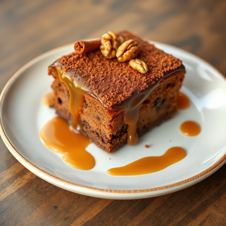 A slice of chocolate caramel dump cake on a white ceramic plate. Caramel sauce drizzles down the edge. Cinnamon and walnuts on top. Warm lighting shows the texture.