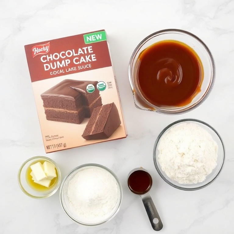 All raw ingredients for Easy Chocolate Caramel Dump Cake arranged in a flat lay. Chocolate cake mix, caramel sauce, butter, vanilla extract, and flour. Measuring tools and bowls nearby on a white marble surface.