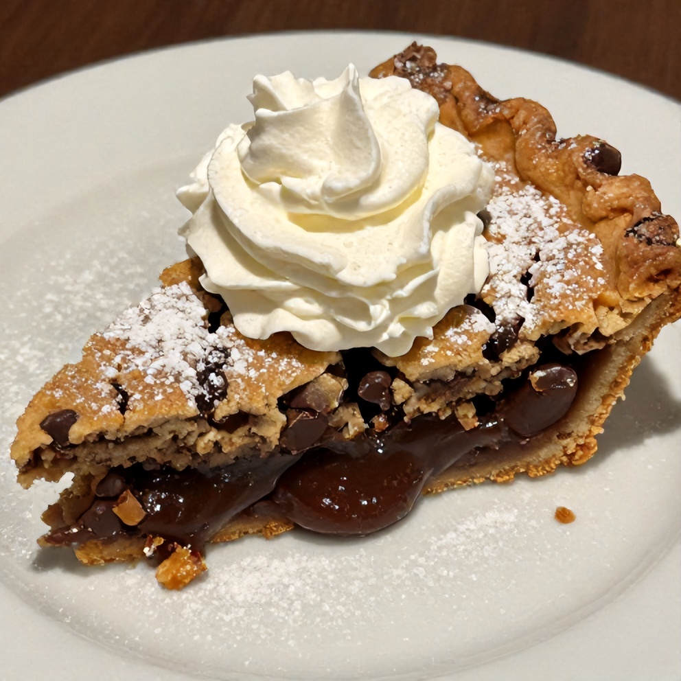 Sliced Chocolate Chip Cookie Pie on a white plate