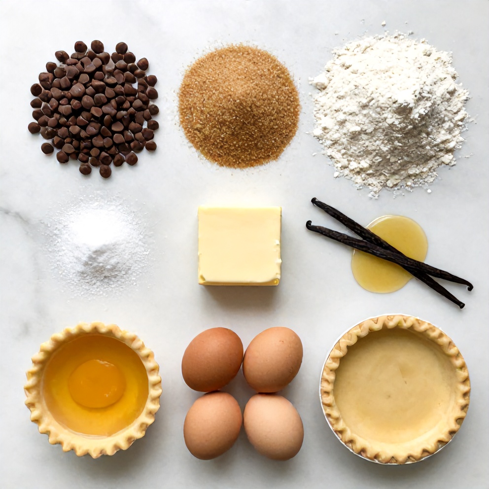 Chocolate Chip Cookie Pie ingredients on a white marble surface