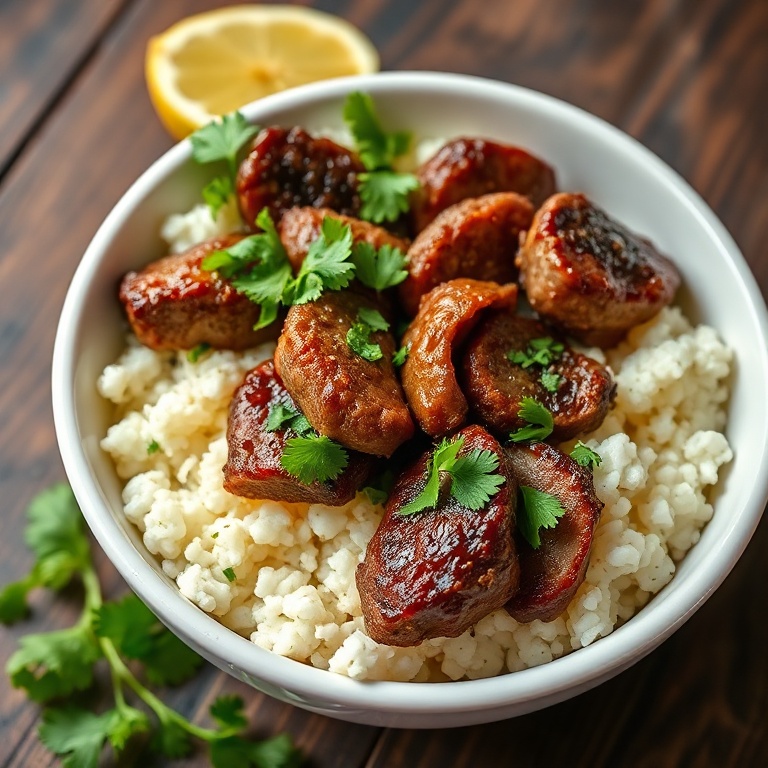 Steak bowls with bright green cilantro, lime zest, and cauliflower rice. Served on a white ceramic bowl.