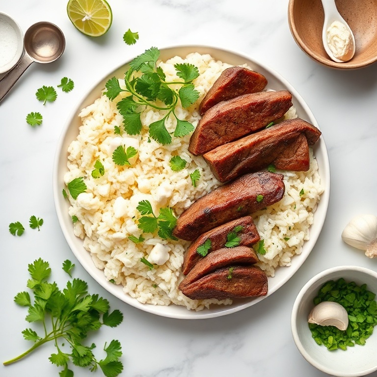 Cauliflower rice, steak, cilantro, lime, and garlic in a flat lay. Measuring spoons and bowls nearby.