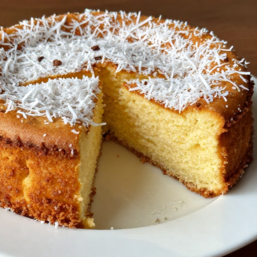 Slice of coconut milk snack cake on a plate with a fork