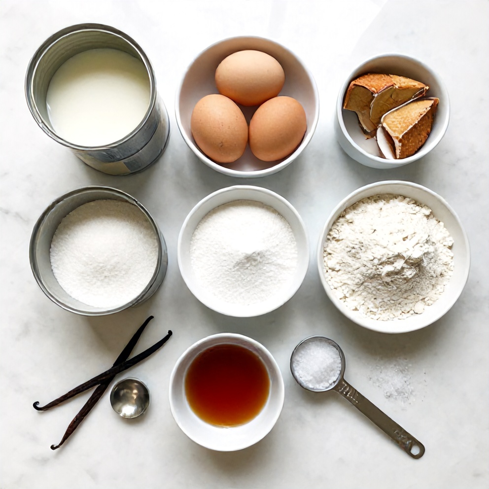 Raw ingredients for coconut milk snack cake on a marble surface