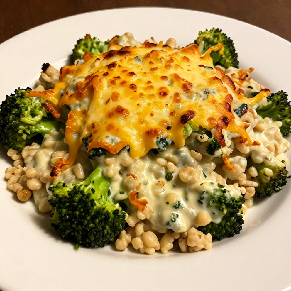 A serving of Creamy Broccoli Quinoa Bake on a plate