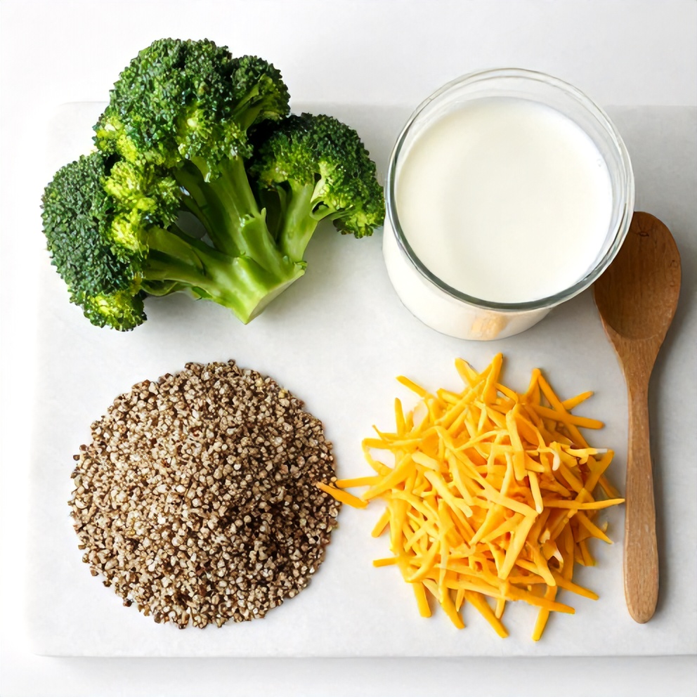 Quinoa, broccoli, milk, and cheese arranged on a marble surface