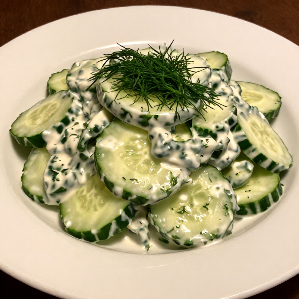 Plated creamy cucumber salad with fresh dill garnish