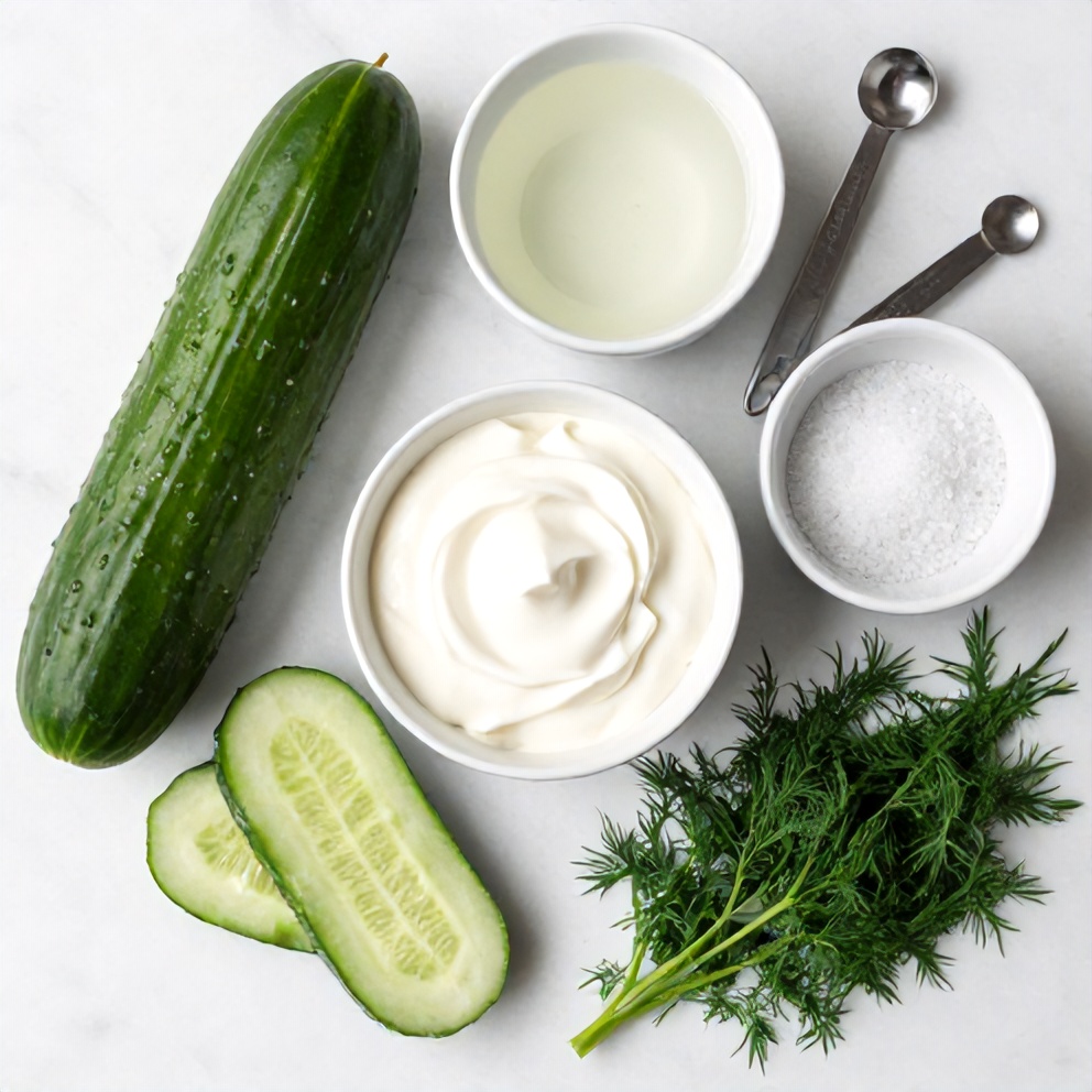 Raw ingredients for creamy cucumber salad: cucumbers, sour cream, vinegar, sugar, salt, pepper, and dill